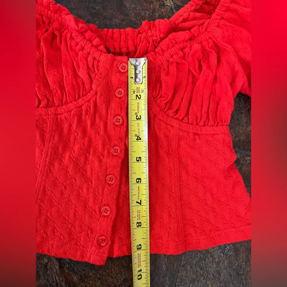 Free People Red Long Sleeve Button-Front Crop Top